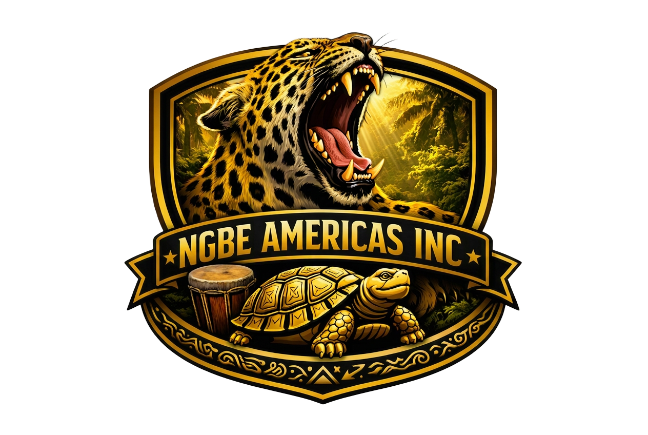 Ngbe Americas Inc crest with leopard, drum and tortoise